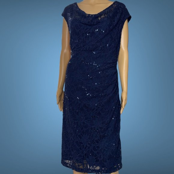 Ralph Lauren|Sheath Long Dress|Size 10|Navy Blue|Full Lace|Sequin|Lined|Stretch - Picture 3 of 16